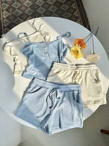 Zolique Women Ribbed Strap Camisole Tank Top And Drawstring Shorts 2-Piece Set,Casual Summer Outfits For Women,Blue Beach Holiday Vacation Two Pieces Set - Multicolor - View 6