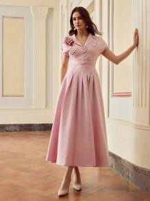 MOTF PREMIUM Women's Solid Color Short Sleeve 3D Floral Ruched Waist A-Line Dress - Pink - View 6