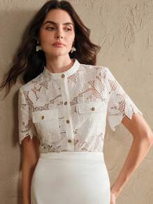 Anewsta Women's Elegant French Style Sheer Lace Round Neck Blouse For Summer - White - View 6