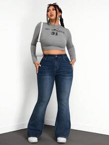 SHEIN ICON Plus Size Women Solid Color Slim Fit Flared Leg Denim Jeans - Blue - View 5