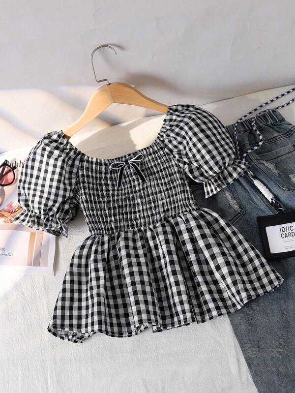 Blouse courte élégante polyvalente de loisirs pour filles préadolescentes, style pastorale avec manches bouffantes, taille cintrée et nœud 3D