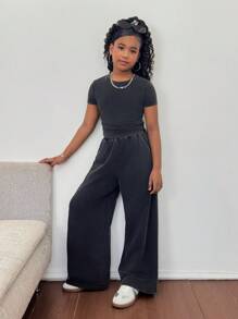 SHEIN 青少年女孩合身短袖圆领T恤和宽松阔腿针织裤套装 - 黑色 - 查看 16