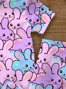 SHEIN Baby Mädchen süßes Cartoon Kaninchen Muster Lässige einfache eng anliegende Rundhals Kurzarm Hose Loungewear, passend für den Sommer