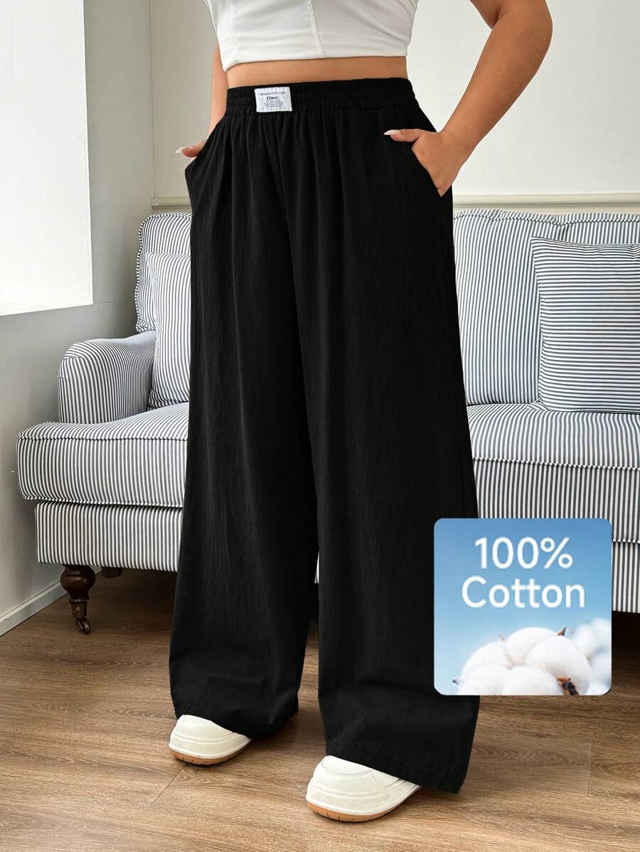 Solflare New Plus Size Casual Black Simple Versatile Pants, 100% Cotton Wide Leg Pants, Women Pants Wide Leg - Black - View 1