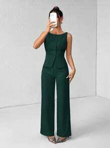 SHEIN PETITE Women's Solid Color Round Neck Single-Breasted Vest And Pants Elegant Commuter Suit, Summer Fall Women Clothes Women Set Office Wear Business Casual Women Two Pieces Outfits Fall Women Office Wear Women Set Women Blazers Set Office Outfits For Women Business Women Attire Professional Women Clothes