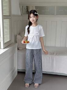 SHEIN 青少年女孩两件套花卉荷叶边蝴蝶结圆领短袖T恤和格子宽松休闲睡裤