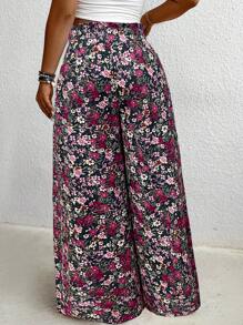 SHEIN LUNE 大码全花卉印花抽绳阔腿裤，适合度假 - 紫色 - 查看 2