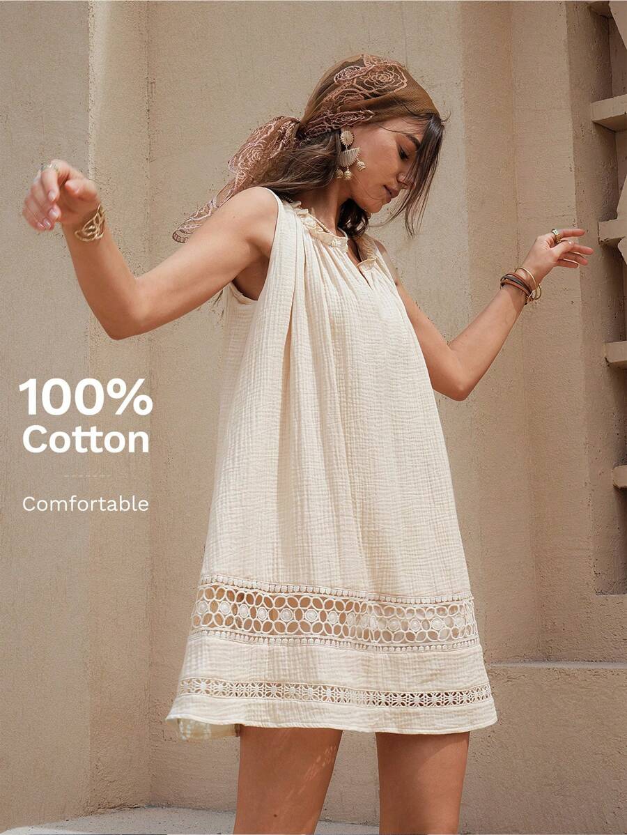 Wildy 美式乡村风格亚麻蕾丝拼接迷你连衣裙女士棉质连衣裙波西米亚风女装 100% 纯棉连衣裙波西米亚风度假连衣裙波西米亚母亲节服装度假服装女士乡村风格女士棉质连衣裙 - 杏色 - 查看 1