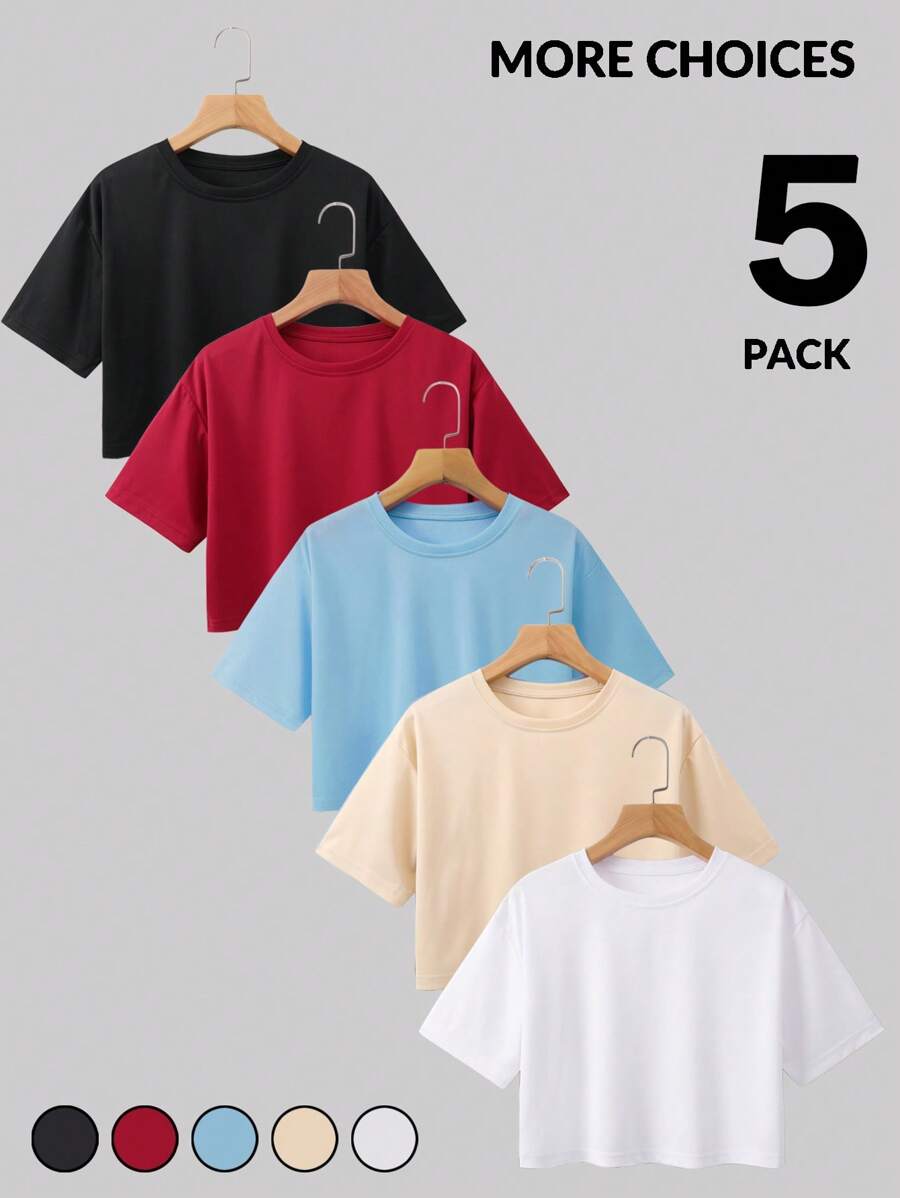 INAWLY Bộ 5 áo phông cổ tròn tay ngắn nhiều màu cho nữ, mùa hè - trắng - Xem 1