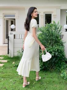 SHEIN LUNE 女士荷叶边下摆纯色修身连衣裙 - 白色 - 查看 2