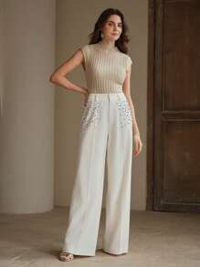 Anewsta Elegant Retro Crystal Decor Women's Wide Leg Suit Pants - Apricot - View 6