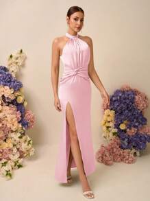 SHEIN Belle Elegante abito da sirena con collo alla francese in raso, arricciature, torsione, spacco alto e schiena scoperta, adatto per matrimoni, eventi, appuntamenti, damigelle d'onore