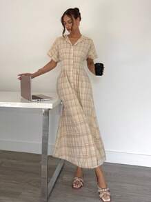 Siren Gaze Vestito in stile gingham estivo per donna, vestito giallo a quadri, vestito lungo a righe estivo casual, vestito estivo casual lungo da donna, vestito camicia a righe in vita da donna casual da pendolare, vestito lungo casual a quadri con collo a risvolto e maniche corte, monopetto, per donna, casual e per l'ufficio