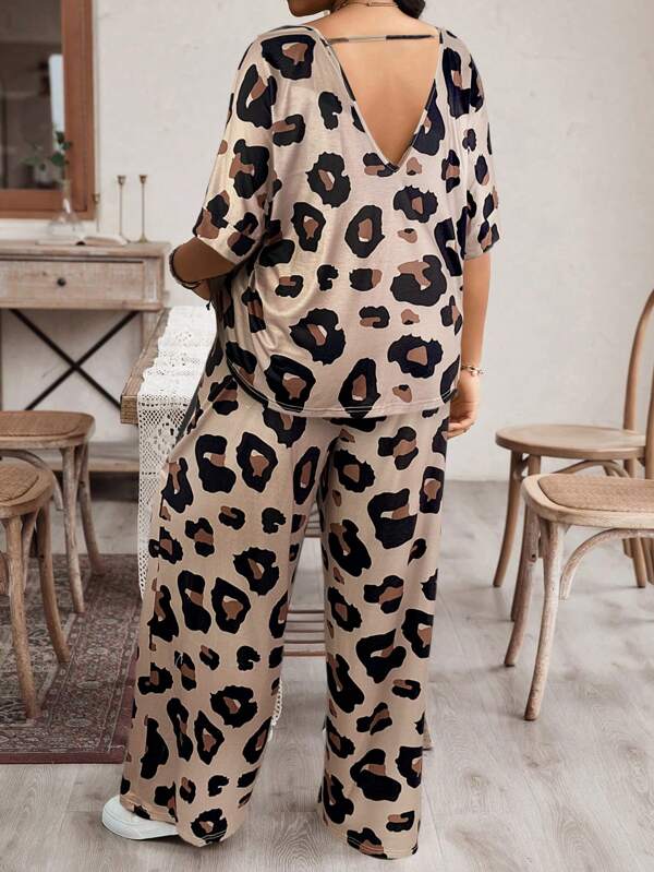 SHEIN LUNE Ținute de vară coordonate pentru femei, mărime plus, set de două piese, ținute de vacanță pentru femei, imprimeu cu ghepard, simplu și casual, imprimeu leopard
