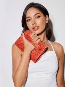 SHEIN BAE Ví cầm tay đính đá Rhinestone dành cho nữ, đa năng cho các bữa tiệc, câu lạc bộ, ngày lễ, sự kiện Giáng sinh - trái cam - Xem 1