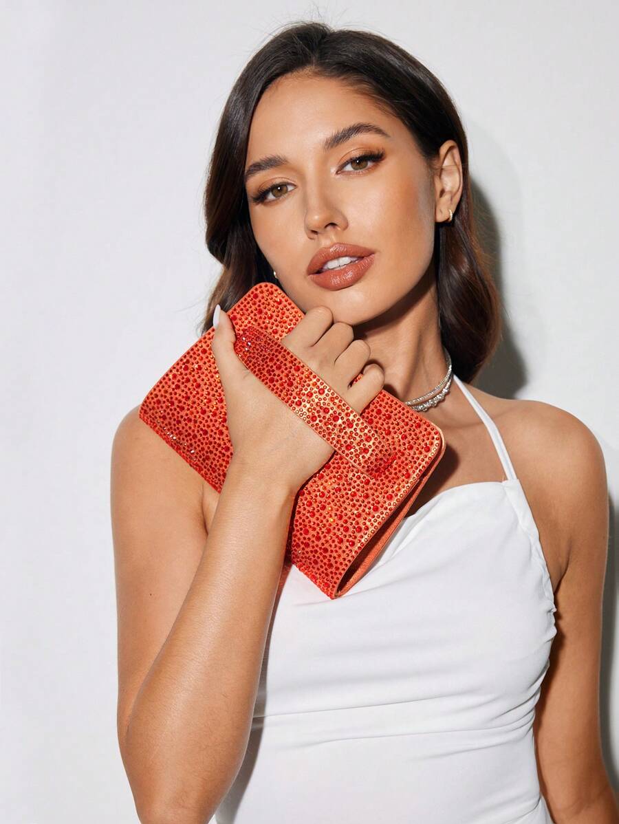 SHEIN BAE Ví cầm tay đính đá Rhinestone dành cho nữ, đa năng cho các bữa tiệc, câu lạc bộ, ngày lễ, sự kiện Giáng sinh - trái cam - Xem 1