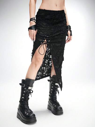 Grunge Punk Jupe moulante à taille ultra basse avec découpes déchirées, fente élevée et cordon de serrage à l'ourlet