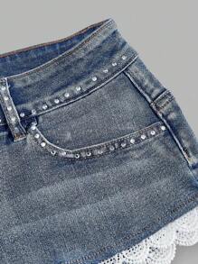 SHEIN MOD 女式口袋撞色蕾丝休闲百搭牛仔短裤 - 淺色水洗藍 - 查看 3