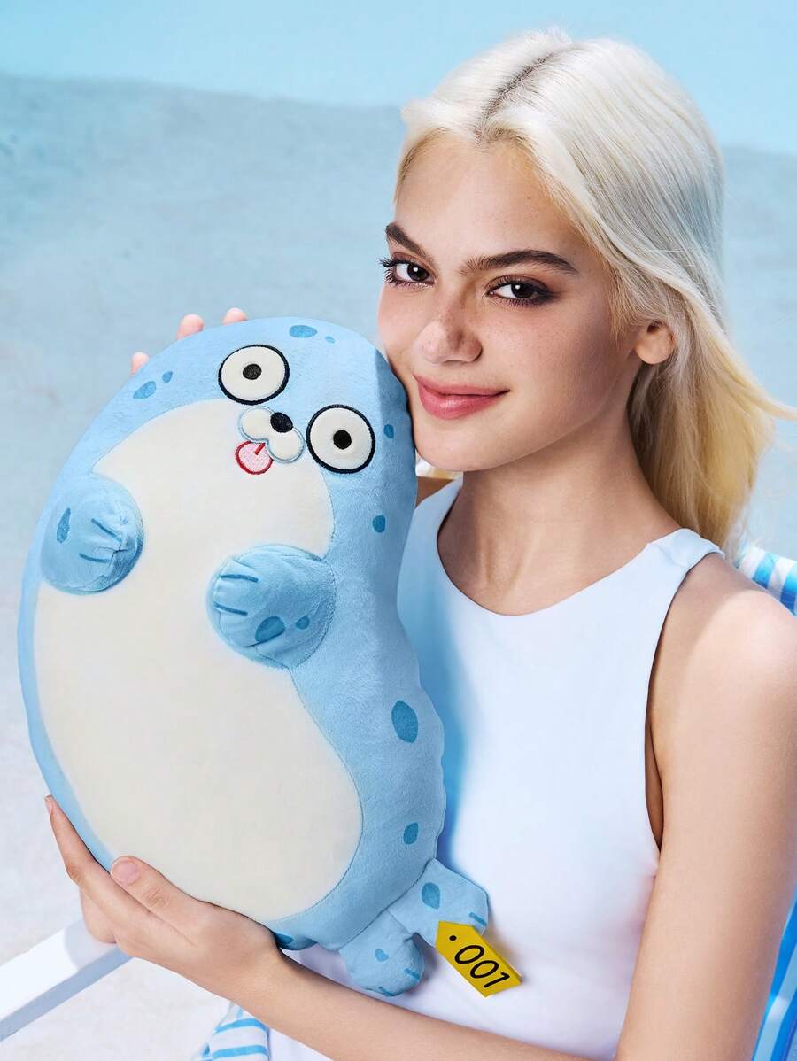 SEALOOK X SHEIN 柔软毛绒海洋动物枕头，高弹性，适合家居装饰，汽车装饰，可爱海豹 - 淺藍色 - 查看 1