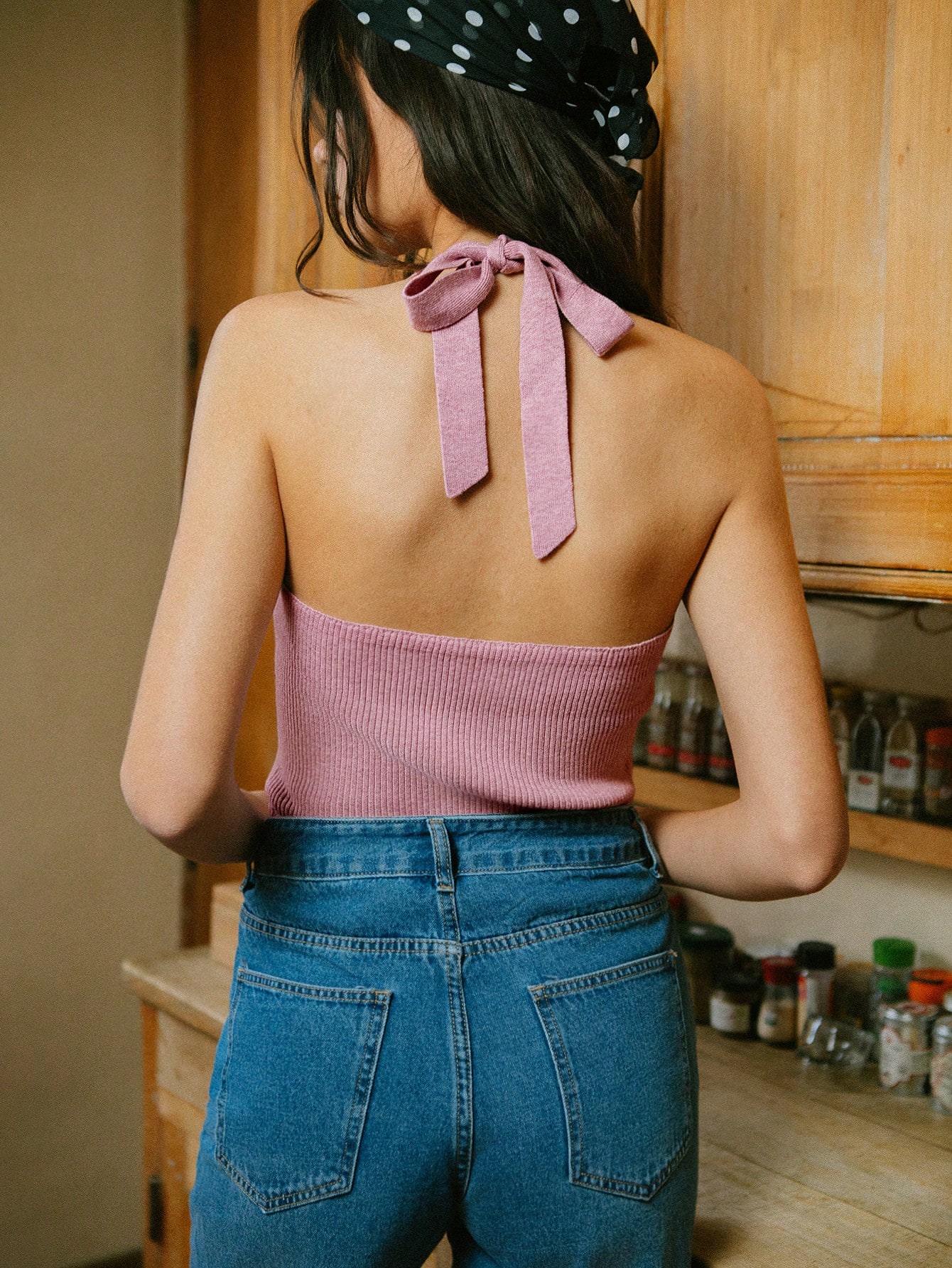 ヴィンテージバケーション Vネック ニットトップ ボタン前開き タイバック ダスティーローズ かわいい秋トップ