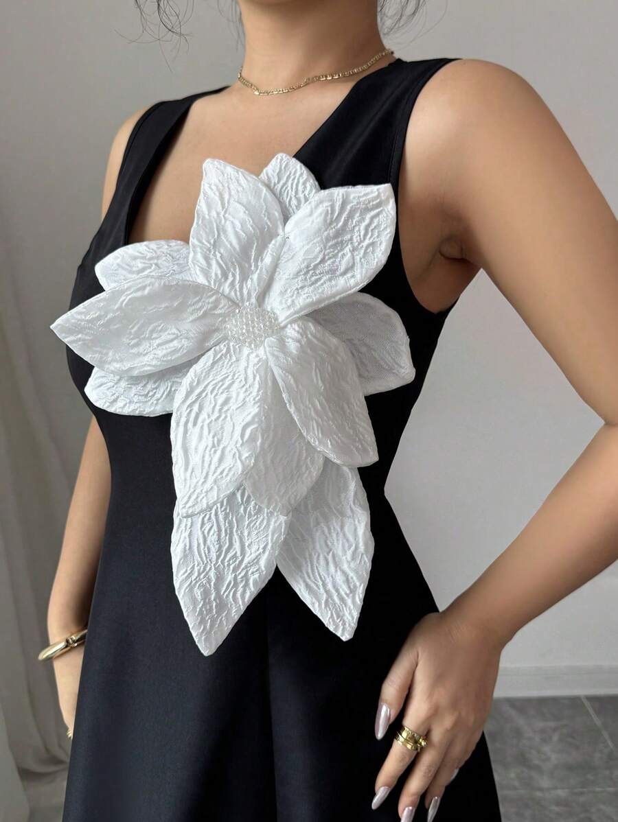 Elenzga V-Neck Floral Colorblock Mini Dress With Waist Cinch, Sleeveless Elegant French Summer Vacation Style - Black - View 1