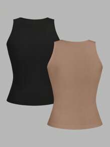 SHEIN EZwear 2pcs Women Plus Size Casual Solid Color Round Neck Tank Tops, Suitable For Summer Holiday , Basic Tops Back To School - Multicolor - View 2