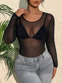CovetEZ Women's Plus Size Mesh Perspective Long Sleeve Top