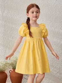 Blossori Young Girls' Rustic Vacation Ruffle Trim Puff Sleeve Dress - Yellow - View 7