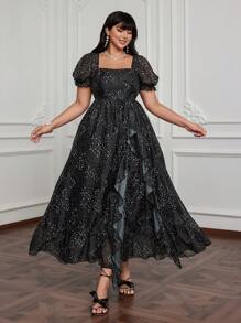 Lyrianda Plus Size Romantic Square Neck Cinched Waist Ruffle Hem Dress