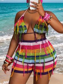 Slaydiva 2025 New Beach Rainbow Party Multicolor Stripe Halter Crop Top & Mini Shorts 2 Pieces Set, Plus Size - Multicolor - View 1