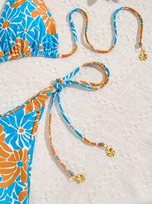 Women Retro Daisy Print String Tie Halter Neck Tankini Swimsuit Set For Summer Beach Vacation - Multicolor - View 4