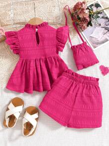 SHEIN Set de 2 piezas para niñas que incluye: Suéter de punto recogido + Pantalones cortos sueltos de tejido sólido + Bolso de asa diagonal