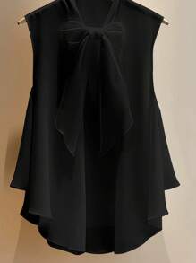 GlowEve 女士新款时尚夏季无袖系带领雪纺荷叶边下摆黑色衬衫 - 黑色 - 查看 4