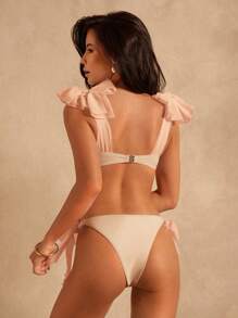 SHEIN Swim Chiffon Patchwork Ruffle Bust Tie-Strap Bikini Set For Summer Beach Vacation - Apricot - View 2