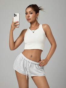 SHEIN PETITE Women's Solid Color Elastic Waist Loose Casual Shorts,Micro Shorts