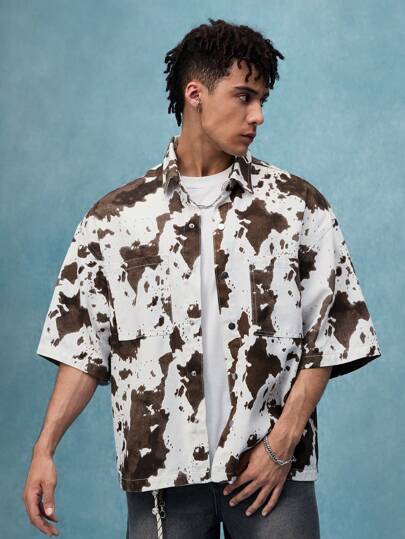Street Life Men's Cow Print Single-Breasted Pocket Loose Short Denim Shirt