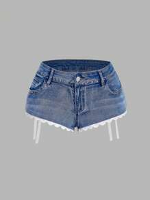 SHEIN MOD 女式口袋撞色蕾丝休闲百搭牛仔短裤 - 淺色水洗藍 - 查看 2
