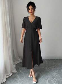 Elenzga 女士春夏棉麻混纺优雅 V 领前扣 A 字中长连衣裙，喇叭袖，腰部系带蝴蝶结，适合度假、下午茶、派对 - 黑色 - 查看 3