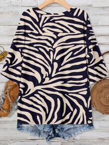 EMERY ROSE 大码女式简约斑马纹V领口袋T恤，夏季休闲装