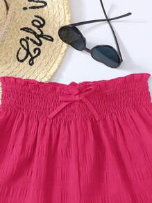 SHEIN Teen Girls Black Textured Bubble Check Print High Waist Drawstring Loose Vacation Casual Versatile Shorts - Hot Pink - View 3