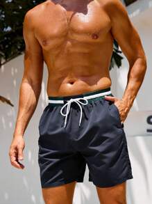 CoralVoy Pantaloncini da spiaggia casual da uomo con blocchi di colore in vita, stile hawaiano - Blu Navy - Visualizzare 6
