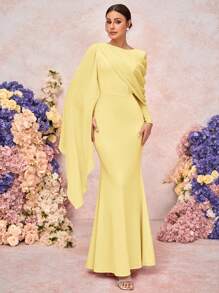 SHEIN Belle Elegante y romántico vestido de dama de honor de punto con cuello redondo, manga larga, pliegues y bajo cola de sirena