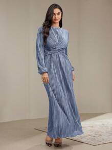 Veilorie Vestido plisado con nudo a la cintura de unicolor elegante para mujer, modesto para primavera y otoño