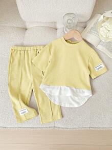 SHEIN 2 件套女婴可爱彩色拼接针织上衣和松紧腰长裤套装，春夏