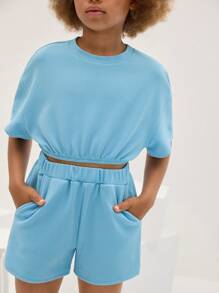 SHEIN 2 pièces/Set T-shirt court à manches courtes et short confortable, rond et simple, pour jeunes filles - Bleu azur - Voir 5