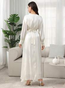 SHEIN Najma V领串珠花卉长袖系带女式阿拉伯连衣裙，春夏季，端庄 - 杏色 - 查看 7