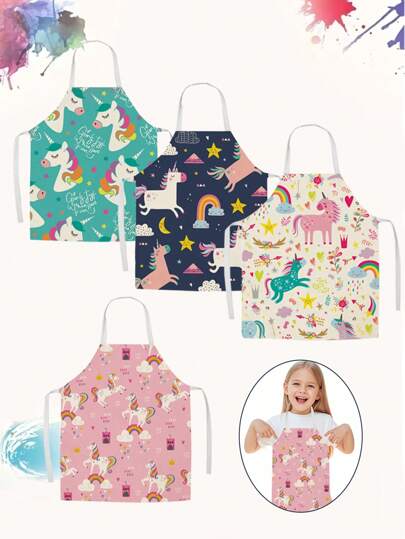Delantal(es) para niños, 1/2/4 piezas, estilo de dibujos animados con unicornio, para niños y niñas, para cocinar, hornear, arte, pintura, jardinería, delantal de niños, delantal infantil, delantal para niños pequeños, delantal de cocina para niños, delantal bonito para niños