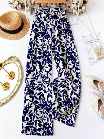 SHEIN LUNE Pantalon long à imprimé floral géométrique bleu et blanc avec lien à la taille, convient pour le printemps et l'été