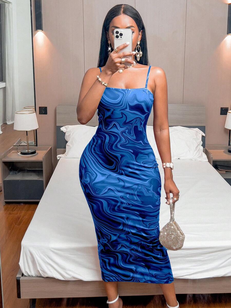 Xyvia Abito lungo elegante e alla moda con stampa integrale, senza schienale, con spalline a spaghetti, senza maniche, colore bordeaux, ideale per l'estate, per le donne - Blu - Visualizzare 1