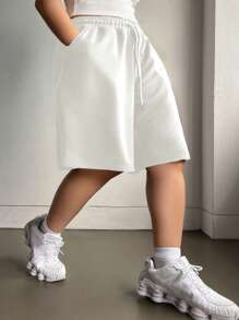 Dazy Plus Bermudas de talla grande de unicolor con cordón en la cintura, estilo callejero holgado, ropa de vuelta al colegio - Blanco - Ver 3